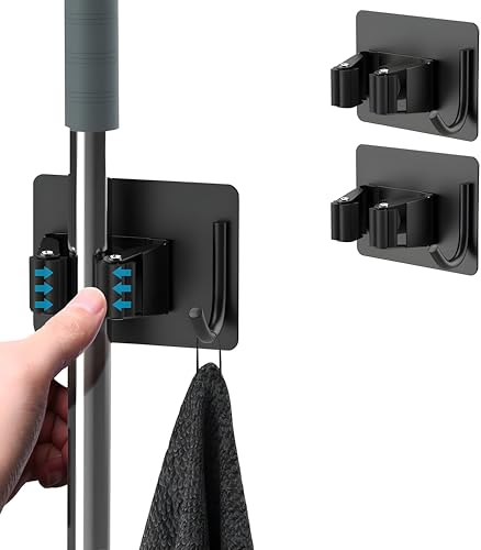 JIALTO Adhesive Mop Holder and Broom Holder Wall Mounted Steel | Broom Stick Holder Wall Mounted for Home No Drilling | Broom & Mop Organizer
