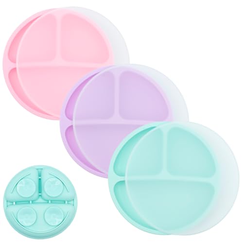 WeeSprout Suction Plates with Lids for Babies & Toddlers - 100% Silicone, Dinnerware Stays Put, Divided Design for Picky Eaters, Microwave & Dishwasher Friendly, 3 Pack