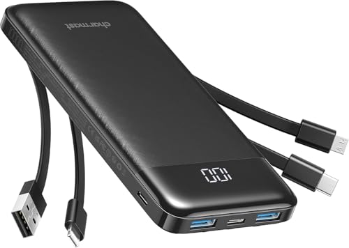 Charmast Power Bank with Built in Cable, 10000mAh USB C Battery Pack 6 Outputs 2 Inputs with LED Display Type C Powerbank Portable Charger Compatible with Smartphones Tablets and More (Black)