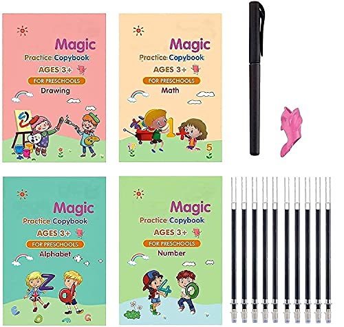 Book Cover CARDEX Magic Practice Copy Books Set of 4 Magic Writing & Drawing Books Kit Calligraphy Books for kids Alphabets for Kids Learning Handwriting Practice Copybook for Kids With Pen set for Preschooler