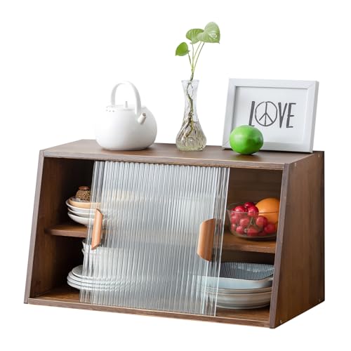 HollyHOME Small Bamboo Kitchen Sideboard with 2 Sliding Glass Doors, Accent Buffet Hutch Cabinet, Freestanding Storage Countertop, Console Dining Cupboard