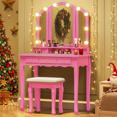 Tiptiper Makeup Vanity Set with Lighted Tri-Folding Mirror, Vanity Table with 10 LED Light Bulbs & 3 Color Lighting Modes, Dressing Desk with 5 Storage Drawers & Cushion Stool, for Women Girls