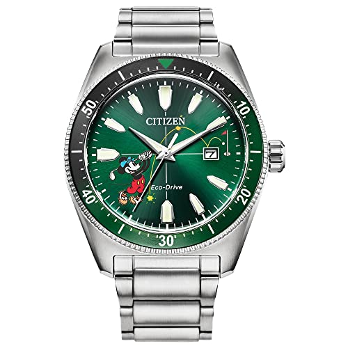 Citizen Eco-Drive Men's Disney Mickey Mouse "Tee Time" Stainless Steel Watch, Green Dial, 3-Hand Date, Luminous, 43mm (Model: AW1595-78W)
