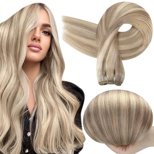 Full Shine Blonde Sew In Weft Hair Extensions Silky Straight Real Hair Wefts Human Hair 105 Grams Sew In Hair Extensions Ash Blonde Highlight Remy Hair Weft 24 Inch