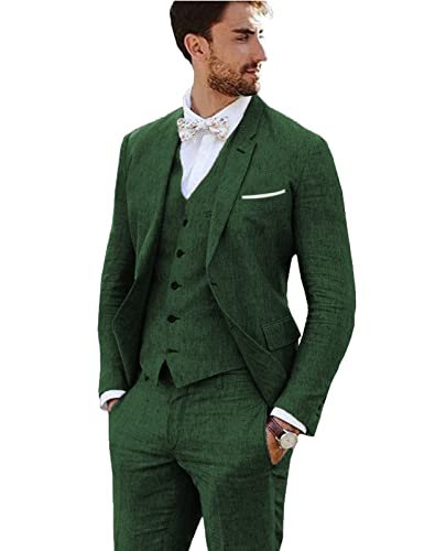 Furuyal Linen Suit 3 Pieces Vintage Retro Wedding Prom Suits Slim Fit Jacket Blazer Groom Tuxedos