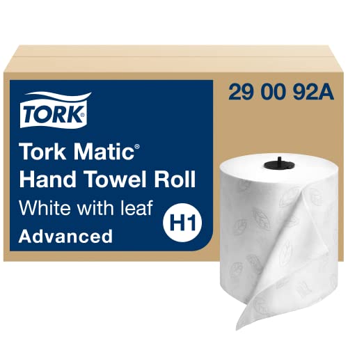 Tork Matic Hand Towel Roll, White with Gray Leaf, Advanced, H1, 100% Recycled Fiber, High Absorbency, Medium Capacity