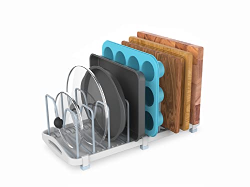 EVERIE Adjustable Bakeware Organizer Pot Lid Holder Rack for Pots, Cake Molds, Cutting Boards, Mats, Cookware