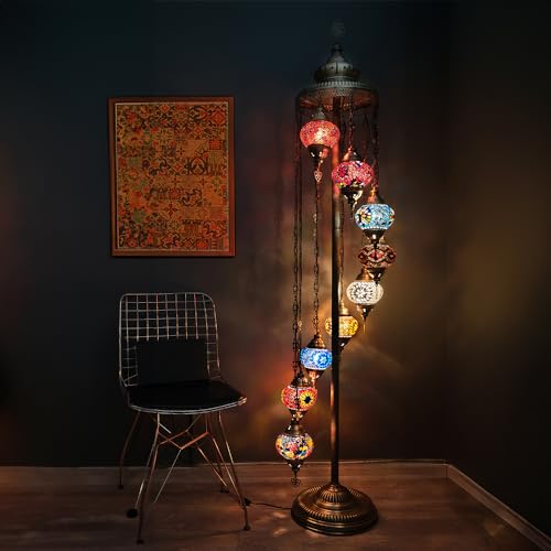Asylove Turkish 9 Globe Mosaic Floor Lamp - Moroccan Design, 5 inch Globe, 70 inch Height