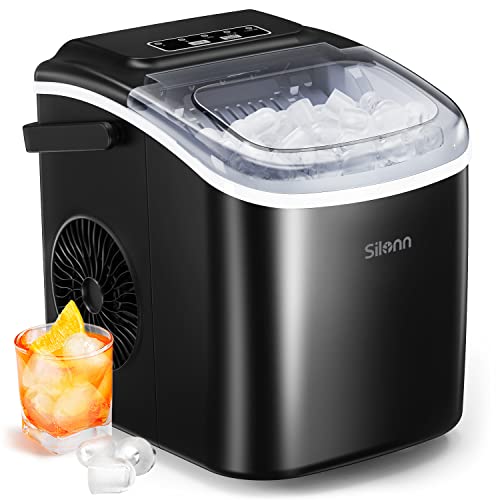 Book Cover Silonn Countertop Ice Maker, 9 Cubes Ready in 6 Mins, 26lbs in 24Hrs, Self-Cleaning Ice Machine with Ice Scoop and Basket, 2 Sizes of Bullet Ice for Home Kitchen Office Bar Party, Black (SLIM09)