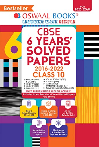 Oswaal CBSE 6 Yearwise Solved Papers, Class 10, (English Lang. & Lit., Hindi-A, Hindi-B, Sanskrit, Social Science, Science Mathematics (Standard + Basic) (For 2022-23 Exam)