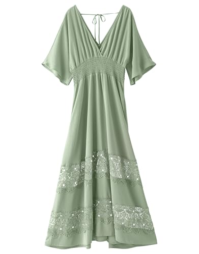 Olaesa Women's Lace Maxi Dress Short Sleeve V Neck Party Dress Smocked Waist Boho Maxi Dress Bohemian Dress for Women