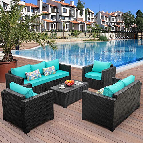 Rattaner Outdoor Wicker Furniture 31" Steel Gas Fire Pit Table Patio Sectional Sofa Set Propane Gas Fire Pit Table 5 PCS 50000 BTU with No-Slip Cushions Furniture Covers Lava Rock Anti-Splash Mesh