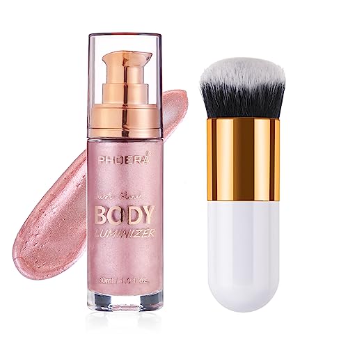 Body Shimmer Oil, Waterproof Long Lasting Moisturizing Bronze Body Luminizer Glow For Face & Body, Liquid Illuminator Body Highlighter 1oz/Jars, Makeup Brush Include