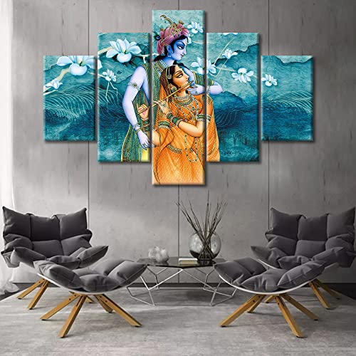 5 Pieces Radha Krishna Wall Art Indian Wall Painting Hindu Lord Pictures Print On Canvas Modern Canvas Prints Vintage Wall Decorations Artwork Framed Poster Office Wall Decor, 60"x40"
