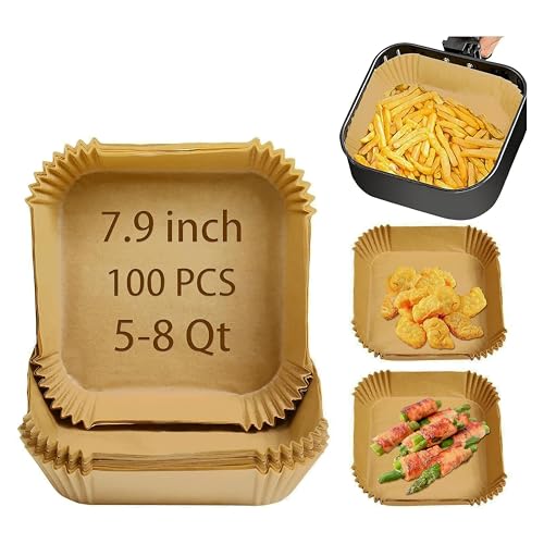 Air Fryer Liners Disposable Compatible with COSORI Air Fryer 6 Qt, 100 Pcs Unbleached Parchment Paper for 5-8 Qt 7.9 Inch Square Parchment Paper for Baking Non-Stick