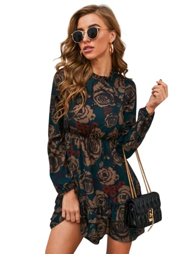 Book Cover GRECIILOOKS Rayon Knee-Length Women-Printed A-Line Midi Western V Neck Puff Sleeve Dress Girls Suitable for Function, Outdoor, Birthday, Event, Office (GL-WD-1036_Green_M)
