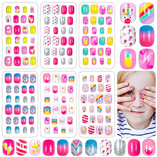 144 Pieces Fake Nails for Kids Girls Artificial Kids Press on Nails Full Cover Short Acrylic Stick On Nails False Nail Tips Kit for Children Little Girls Nail Art Decoration