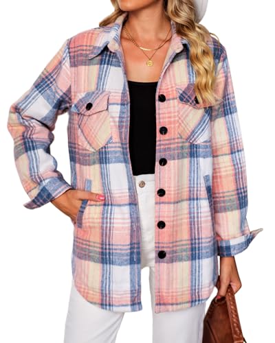luvamia Plaid Jackets for Women Flannel Quilted Shacket Coats Oversized Button Down Shirts Jacket