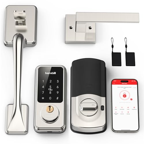 Hornbill Smart Front Door Lock Set, Keyless Entry Keypad Smart Deadbolt with Handle, Alexa Front Handle Sets, Bluetooth Digital Touchscreen with APP/IC Cards/Auto Lock/1-Touch Lock/Keys, Satin Nickel