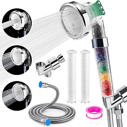 Filtered Shower Head, 3 Settings Shower Heads with Handheld Spray, High Pressure Shower Head with Hose 79" Extra Long Shower Hose & Holder, Purifying Filtration 7 Natural Crystalya Stone Beads