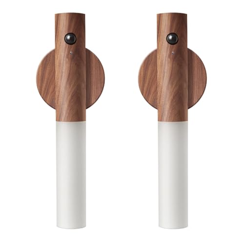 LANDGOO Wooden Motion Sensor Night Lights, Magnet Body Hallway Rechargeable LED Wireless Wall Sconces, Portable Decor Battery Powered Indoor Torch Lighting for Bedroom (Walnut Wood 2PCS)