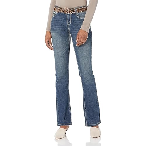 WallFlower Womens Legendary Slim Bootcut Mid-Rise Belted Insta Stretch Juniors Jeans (Standard and Plus)