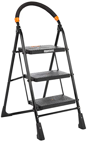 Amazon Basics Clamber - Foldable Step Ladder, Safety-Clutch Lock, Ribbed Steps, Knee Guard, Non-Marring PVC Shoes, 3 Steps (Steel, Black & Orange)