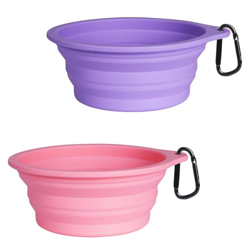 PetBonus 2-Pack Silicone Collapsible Dog Bowls, BPA Free Dishwasher Safe, Portable Foldable Expandable Travel Bowl, Food Water Feeding Cup Dish for Dogs Cats with 2 Carabiners
