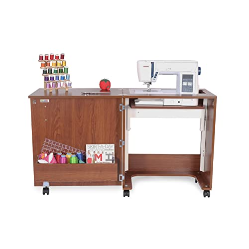 Arrow Sewing Classic Furniture “Judy” Sewing Cabinet: Portable, Folding, Compact, Locking Wheels, with Storage Bin and Hydraulic Machine Lift-Teak