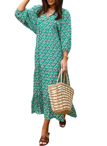 miduo Womens Loose Fit Casual Summer V Neck Half Sleeve Bohemian Geometric Pattern Maxi Long Dresses