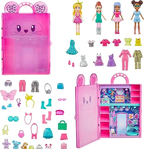 Polly Pocket Set with 4 Dolls, 3 Pets & 50 Fashion Accessories, Stylin' Safari Fashion Collection, Animal-Themed Case