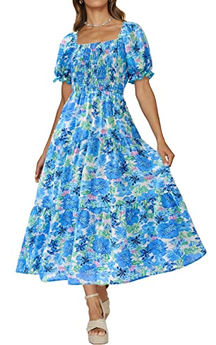 PRETTYGARDEN Women's Boho Floral Print Summer Dresses Square Neck Puff Sleeve A Line Long Dress Smocked Casual Maxi Dress