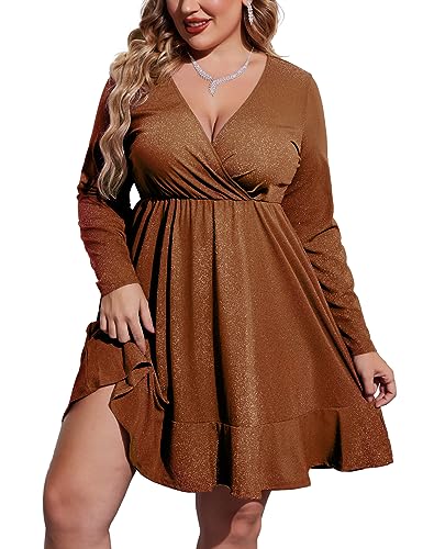 IN'VOLAND Plus Size Womens Glitter Dress V Neck Long Sleeve Ruffle Hem Swing Club Cocktail Party Dresses