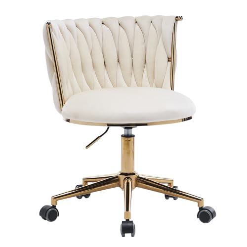 NIOIIKIT Velvet Office Desk Chair with Hand Woven Backrest, 360° Swivel & Height Adjustable Task Chairs, Makeup Chair, Computer Chair, Living Room Chairs with Stainless Base and 5 Wheels
