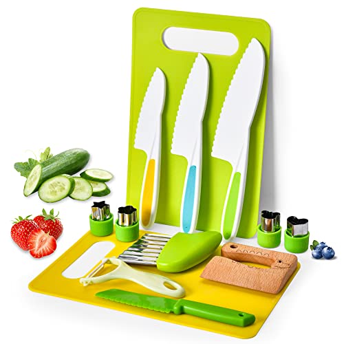 Hilsoeet Kids Knife for Real Cooking, 13 Pieces Wooden Kids Kitchen Knife Set Include 4 Serrated Edges Plastic Toddler Knife,Crinkle Cutter, Y Peeler,Cutting Boards and Wood Kids Safe Knife