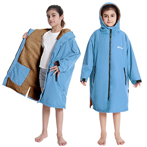 Hiturbo Warm Kids Swim Parka: Waterproof Changing Robe - Oversize Swimming Coat - Hooded Surf Poncho - Thick Lining (7-14Y)