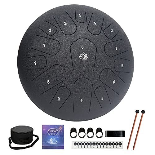 Rain Drum for Outside Garden,Steel Tongue Drum 12 Inches 15 Notes Musical Instruments, Handpan Drum Percussion Instrument, with Soft Bag, Music Book, 2 Mallets, for Meditation or Yoga