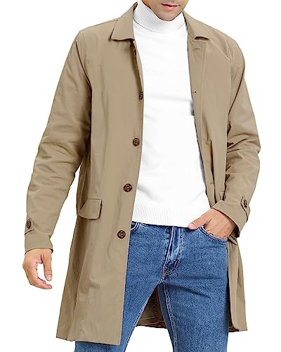 Mens Trench Coat Slim Fit Single Breasted Casual Long Jacket Lightweight Lapel Fall Windbreaker Overcoat