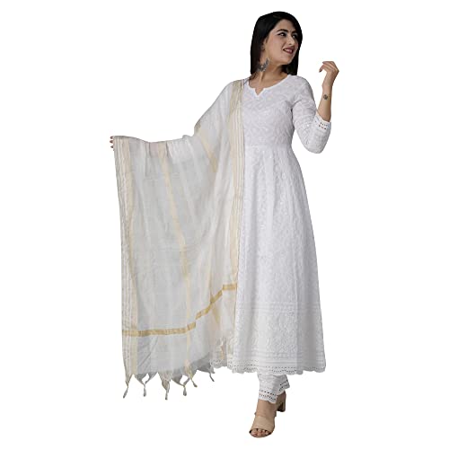 JG JAI GOVINDAM Chikankari Cotton Anarkali Indian Kurti for Women Summer Dress Kurta Pant with Dupatta Set Pakistani Long Kurta-(XXL) White
