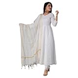 JG JAI GOVINDAM Chikankari Cotton Anarkali Indian Kurti for Women Summer Dress Kurta Pant with Dupatta Set Pakistani Long Kurta-(XXL) White