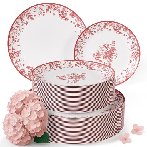 Trendables Plastic Disposable Plates Set Botanical, Pink, Black & Burgundy