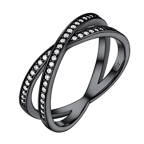PROSILVER Black Rings for Women Sterling Silver Cubic Zirconia X Cross Ring Size 6