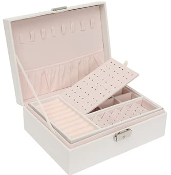 NOSCOMP Faux Leather Organizer Box, Jewellery Organiser, Storage Bag For Necklace: Earrings: Rings: Bracelet, Portable Storage Box Case With Dividers (White)