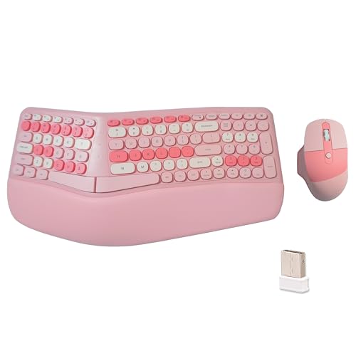 Wireless Ergonomic Keyboard and Mouse Combo with PU Wrist Rest, Carpal Tunnel Keyboard, 2.4G Colorful Split Ergo Keyboard, Comfortable Natural Typing, Compatible with PC/Laptop