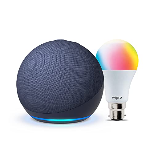 Book Cover All-New Echo Dot (5th Gen, Blue) Combo with Wipro 9W LED Smart Color Bulb