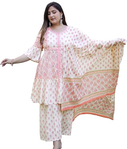 Yash Gallery Women's Cotton Floral Printed Kurti with Sharara and Dupatta (Pink, 4XL)