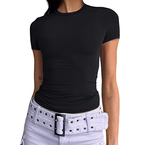 Abardsion Women's Casual Basic Going Out Crop Tops Slim Fit Short Sleeve Crew Neck Tight T Shirts 2025 (Black, S)