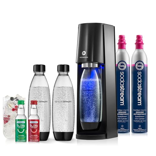 SodaStream - E-TERRA Soda Maker | VALUE BUNDLE | 3 Automatic Carbonation Levels | Includes 2x CO2 Cylinders, 3x 32 Fl Oz Dishwasher Safe Bottles, 2x Bubly Fruit Flavor Drops, 1x Power Adapter | Black