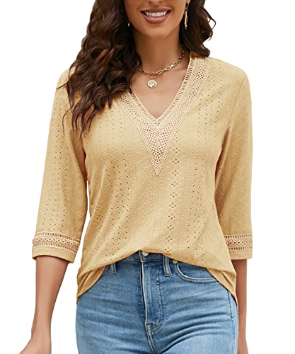 LIOFOER Women's Casual 3/4 Sleeve Shirts Lace V Neck Color Block Dressy Tops Trendy Hollow Floral Blouses T Shirts S-XXL