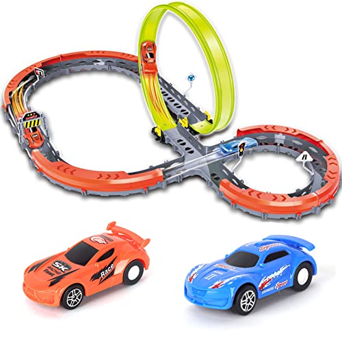 Race Car Track Set - Two-Player Competitive Racing Toys With 33 Pcs Building Kits, 2 High Speed Cars, 360 Loop X-Type Crossing Track for Kids 3+ Ages Birthday